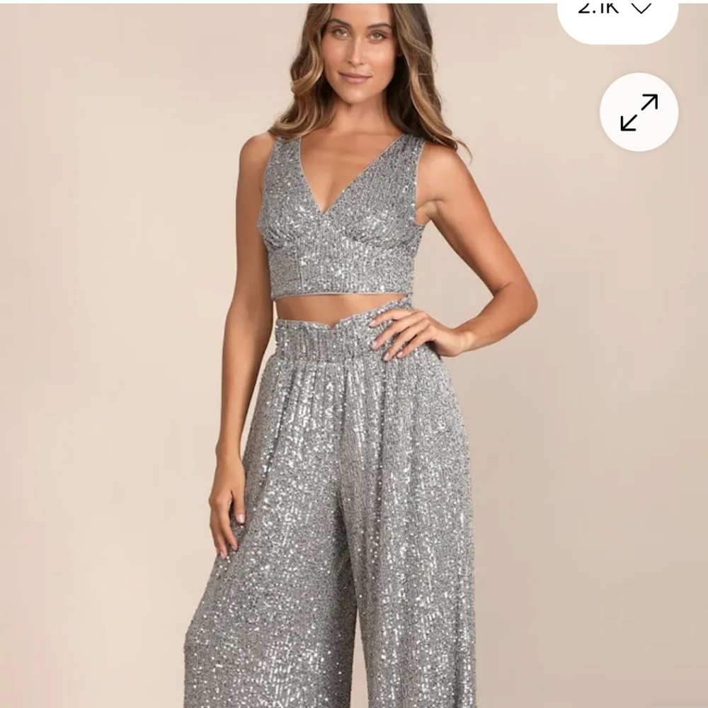 Lulu's Glittering Maroon Wide-Leg Pants And Top- This set is NOT Silver-see pics